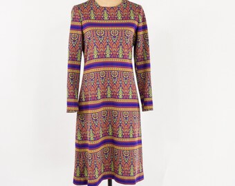 1960s Purple Print Knit Dress | Vintage Mod Dress Twiggy Style, Medium