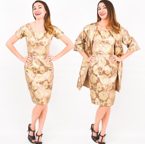 1950s Gold Brocade Dress Set | 50s Brown Brocade D