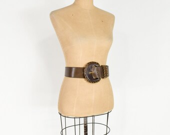 【cacharel】 BROWN LEATHER wide BELT Vintage Cacharel Brown Reptile Leather Tortoise Buckle Stud