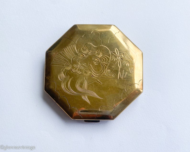 1940s Asian Design Gold Compact 40s Asian Mask Compact Brass Etched Asian Compact image 3