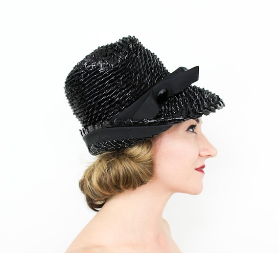 Mr John | 1960s Black Raffia Hat | 60s Black Asym… - image 1