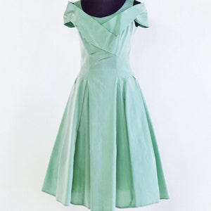 1950s Iridescent Mint Green Taffeta Cocktail Dress 50s Green Taffeta Party Dress Small image 2