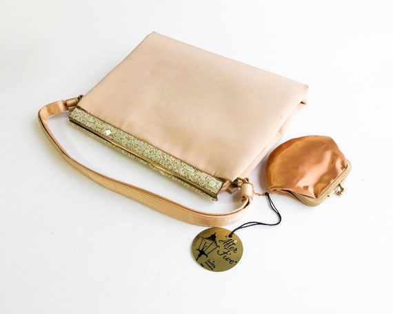 1950s Beige Satin Evening Bag | 50s Beige Silk Sat