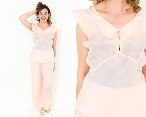1930s Peach Silk Lingerie Set | 30s Pink Lounging