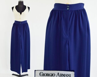 Giorgio Armani | 1990er Jahre dunkelblaue Woll Gabardine Freizeithose | 90er Jahre Navy Hose mit weitem Bein | Armani | 44