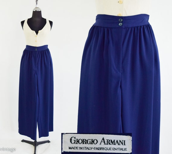 Giorgio Armani 1990s Navy Wool Gabardine Slacks 90s Navy Wide Leg 