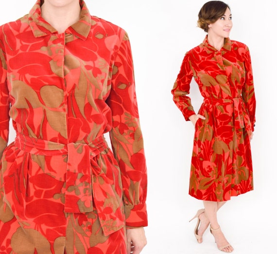 1950s Red Velvet Dress | 50s Red Floral Print Dre… - image 2