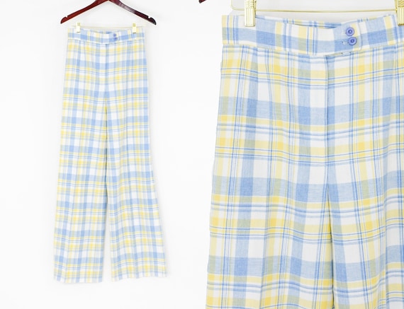 1970s Blue Plaid Pants | 70s Blue Yellow Plaid Sla