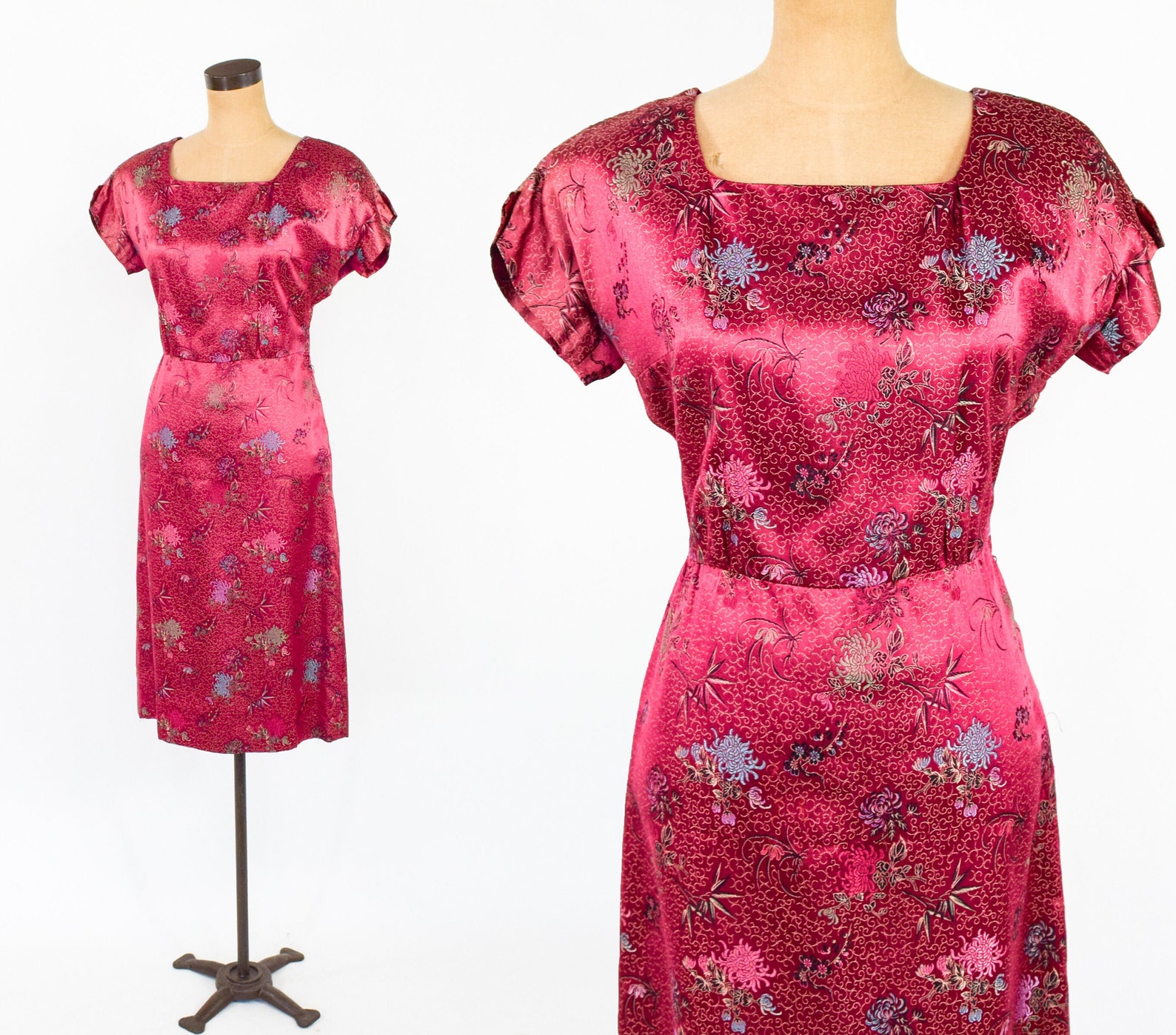 1950s Cranberry Silk Brocade Sheath | Vintage Red Party Dress, M/L