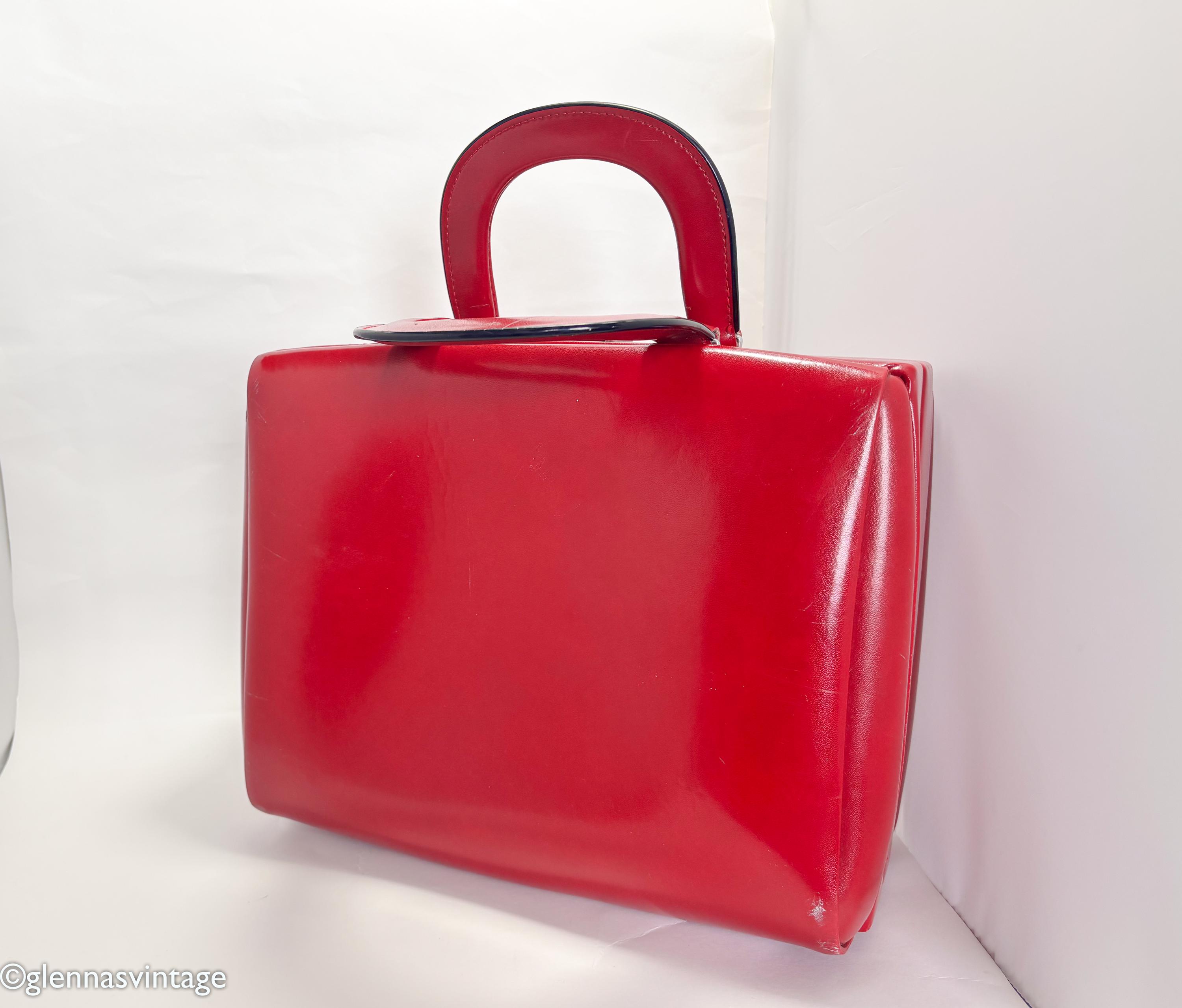 1960s Red Leather Suitcase Handbag | Vintage Faux Red Leather