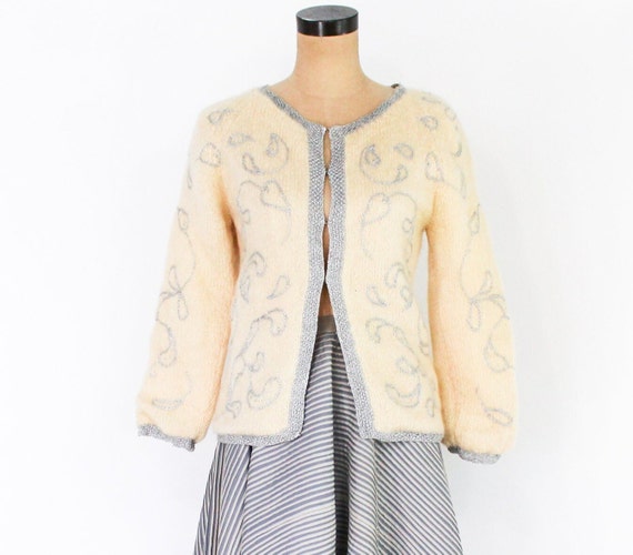 1960s Creme Mohair Cardigan | Vintage Silver Trim Wool Sweater