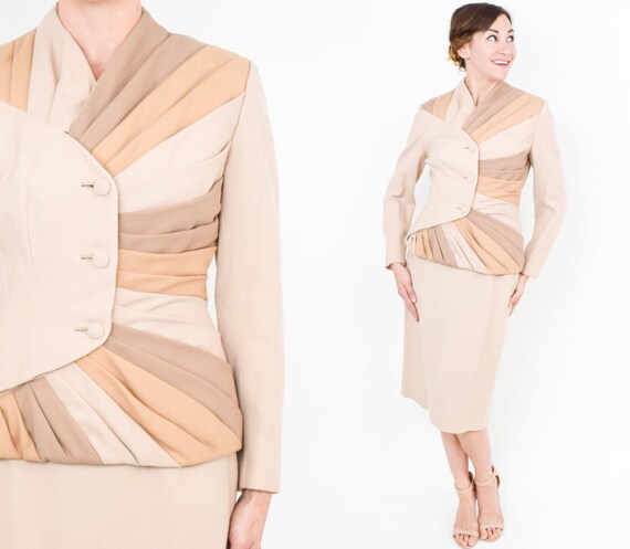 1950s Lilli Ann Beige Suit | 50s Beige Wool Stripe