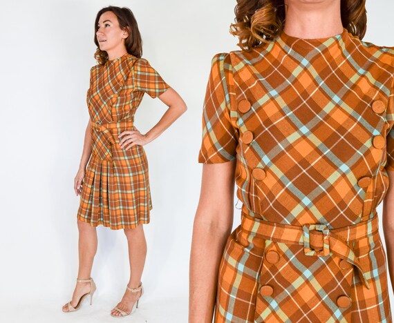 1940s Brown Plaid Dress | 40s Orange & Brown Plaid