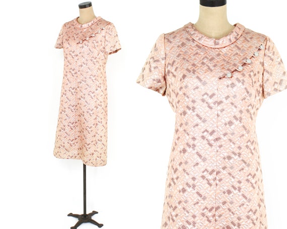 1960s Peach Brocade Dress | 60s Pink Metallic Broc