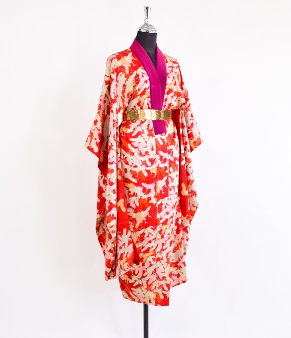 1940s Vintage Red Silk Kimono | 40s White Cranes … - image 7