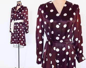 1960s Brown Polka Dot Dress | 60s Brown & White Mini Dress | Medium