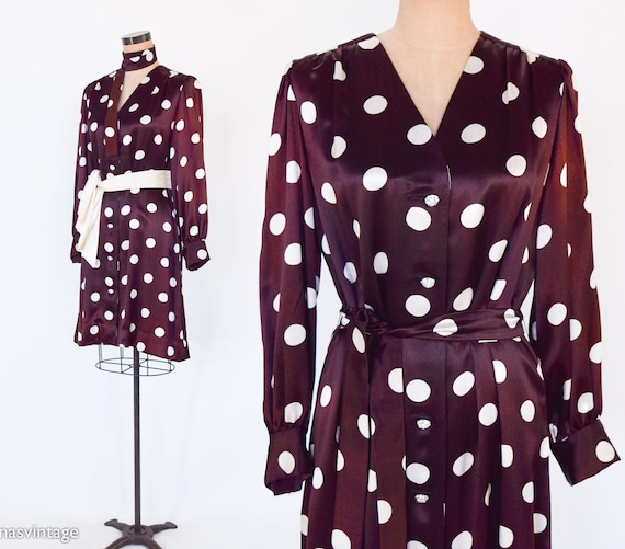 1960s Brown Polka Dot Dress | 60s Brown & White M… - image 1