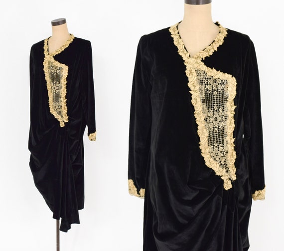 1920s Black Flapper Dress | 20s Black Cotton Velv… - image 2