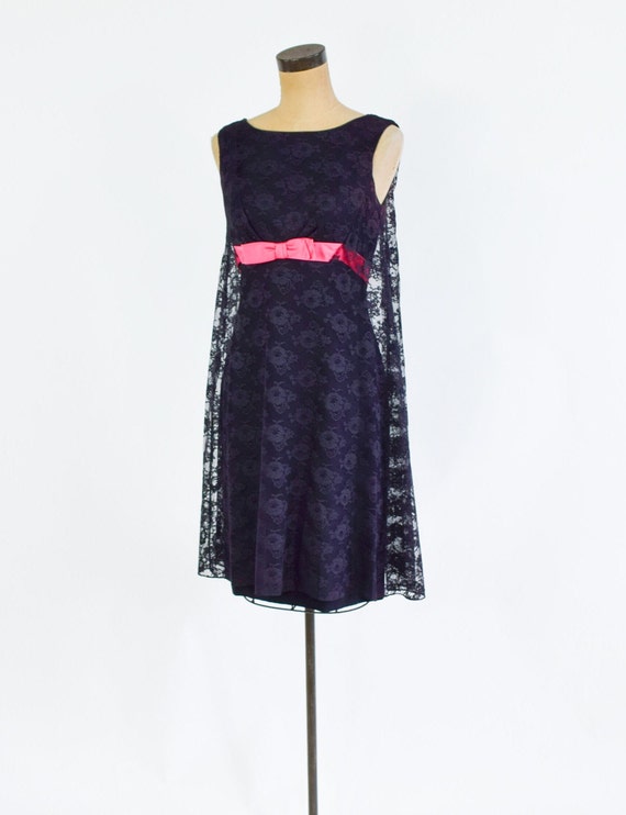 1960s Black Lace & Hot Pink Party Dress | 60s Bla… - image 4
