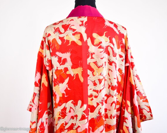 1940s Vintage Red Silk Kimono | 40s White Cranes … - image 9