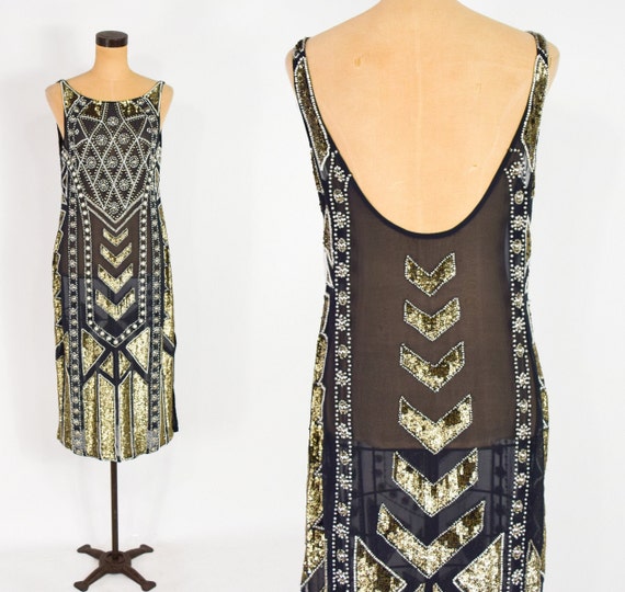 1920s Style Black & Gold Sequin Dress | 1980s Blac