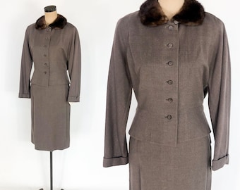 1940s Brown Wool Suit | 40s Brown Suit & Mink Collar | Medium