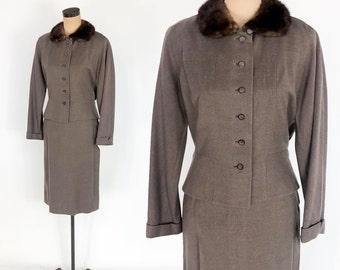 1940s Brown Wool Suit | Vintage Brown Skirt Set, Medium