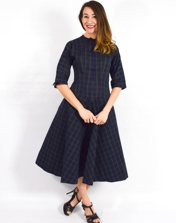 1950s Navy Plaid Cotton Dress | 50s Navy Blue Pla… - image 3