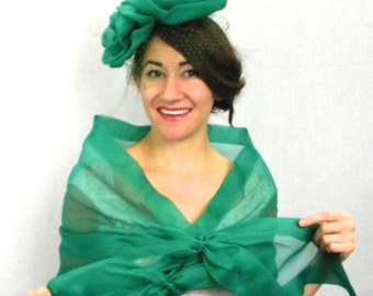 1950s Green Silk Chiffon Fascinator & Wrap | 50s Green Flower Fascinator | Green Matching Chiffon Wrap | Don Marshall