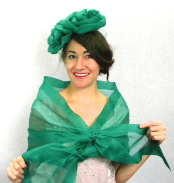 1950s Green Silk Chiffon Fascinator & Wrap | 50s G