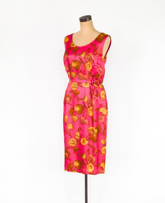 1950s Pink Floral Wiggle Dress | 50s Fuchsia Flow… - image 3