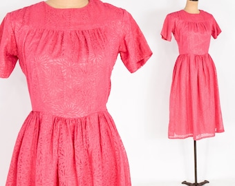 1950s Pink Floral Dress | 50s Bright Pink Chiffon Dress | Small