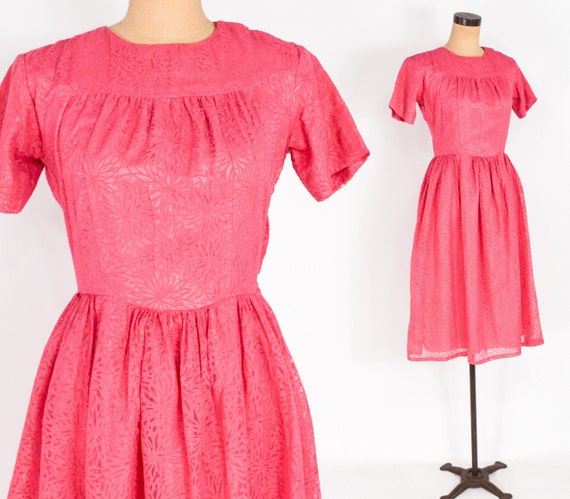 1950s Pink Floral Dress | 50s Bright Pink Chiffon… - image 1