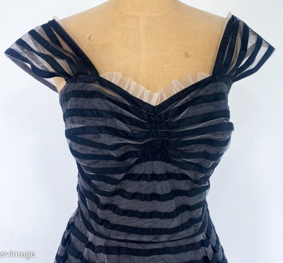 1940s Black Tulle Party Dress | 40s Black Striped… - image 9