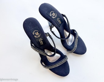 1950s Black Rhinestone Strap Heels | Vintage  Black Heel Sandals |  20th Century