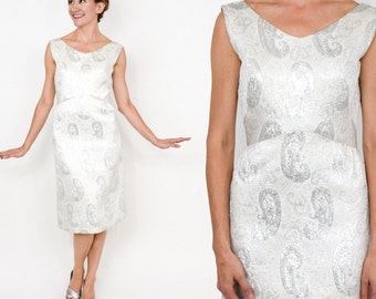 1960s White Brocade Dress | 60s White Metallic Silk Brocade Dress | Silver Brocade Evening Dress | Wedding Dress | Small