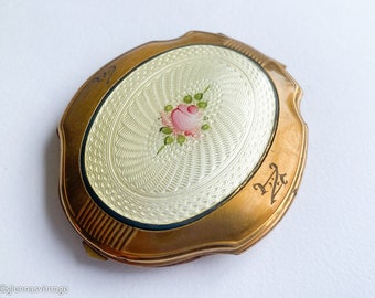 1930s White & Rose Guilloche Enamel Compact | 30s White Floral Enamel Compact | Vintage Compact | Elgin American