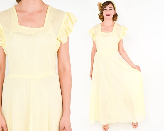 1930s Yellow Cotton Party Dress | 30s Yellow Sheer