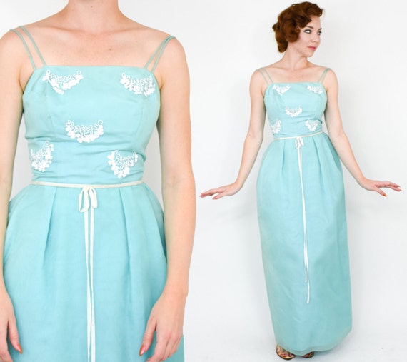 1950s Blue Evening Dress | 50s Bright Turquoise D… - image 1