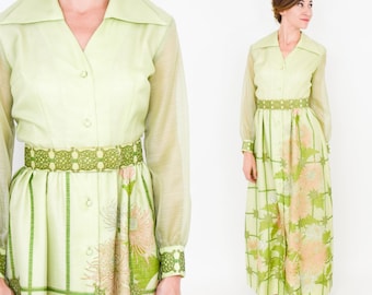 Alfred Shaheen | 1970s Lime Green Maxi Dress 70s Long Screen Print Dress | Alfred Sheen | Medium