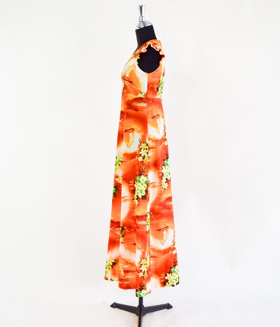 1970s Orange Floral Maxi Dress | 70s Orange Hawai… - image 5