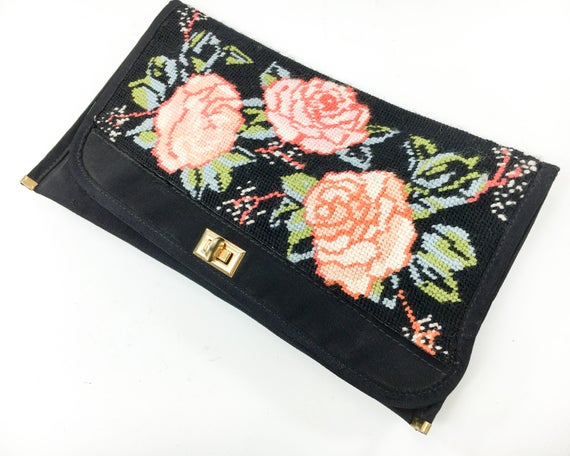 1960s Black Needlepoint Clutch | 60s Black & Pink… - image 2