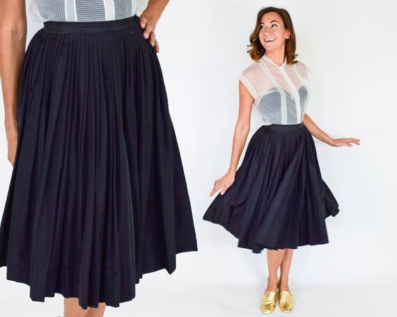 1950s Black Pleated Full Skirt | 50s Black Evening