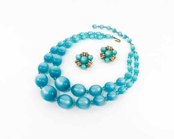 1960s Blue Plastic Bead Necklace Set | 60s Turquo… - image 2