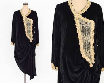 1920s Black Flapper Dress | 20s Black Cotton Velvet & Lace Dress | Asymmetrical Hemline | Gatsby | Downton Abbey | Large