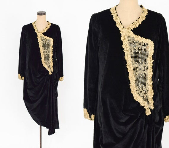 1920s Black Flapper Dress | 20s Black Cotton Velv… - image 1