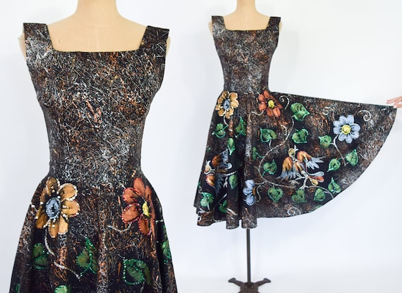 1950s Black Painted Sequin Party Dress | 50s Blac… - image 1