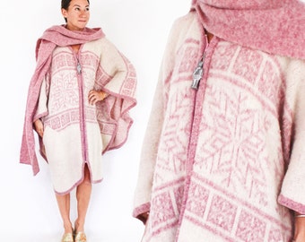 1970s Scandinavian Wool Sweater Cape | Vintage Pink Wool Coat | TUNDRA, One Size