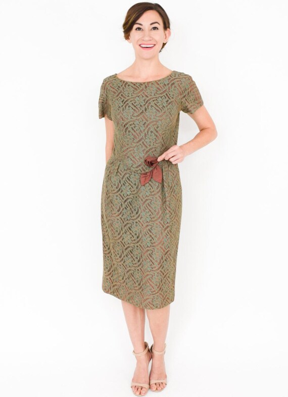 1950s Sage Green Lace Dress | 50s Green & Brown L… - image 4