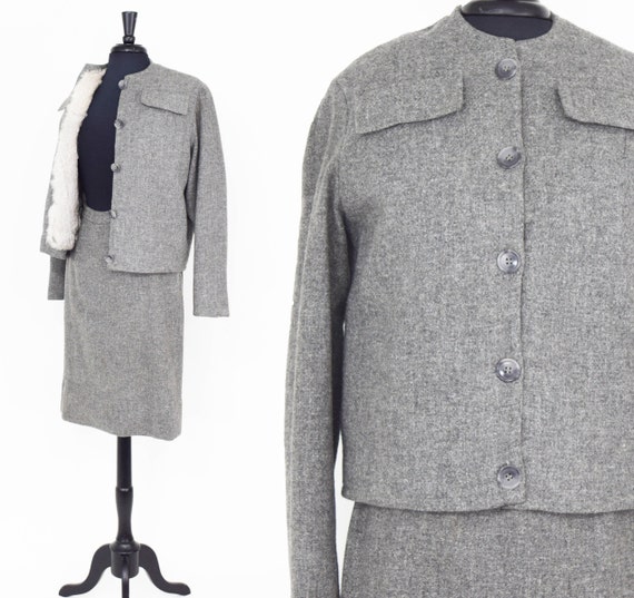 1960s Gray Tweed Wool Skirt Suit | Vintage Rabbit Fur Lined Jacket, Medium